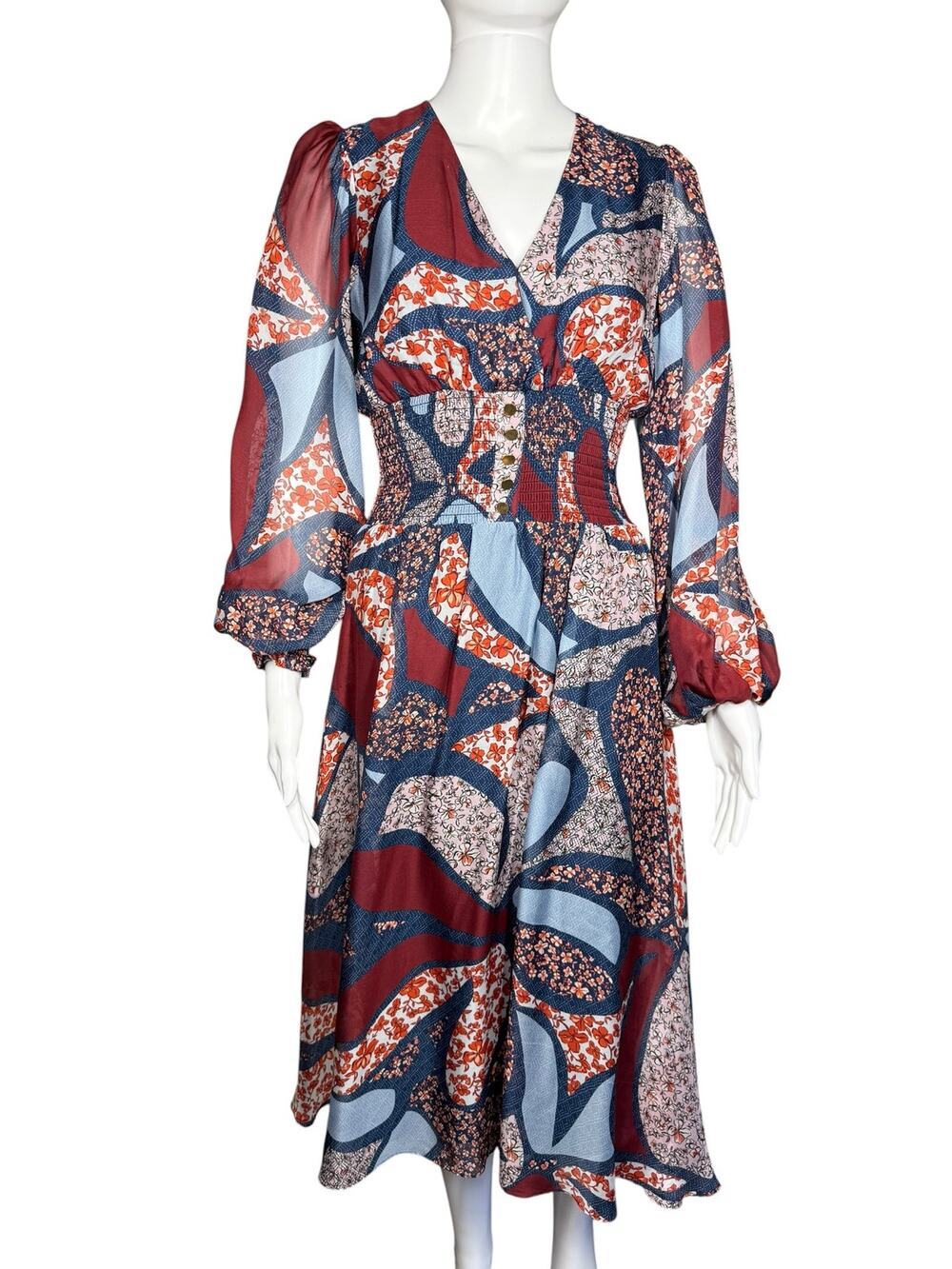 Shoshanna Silk Patchwork Multicolor Smocked Satin Boho Prairie Midi Dress XS